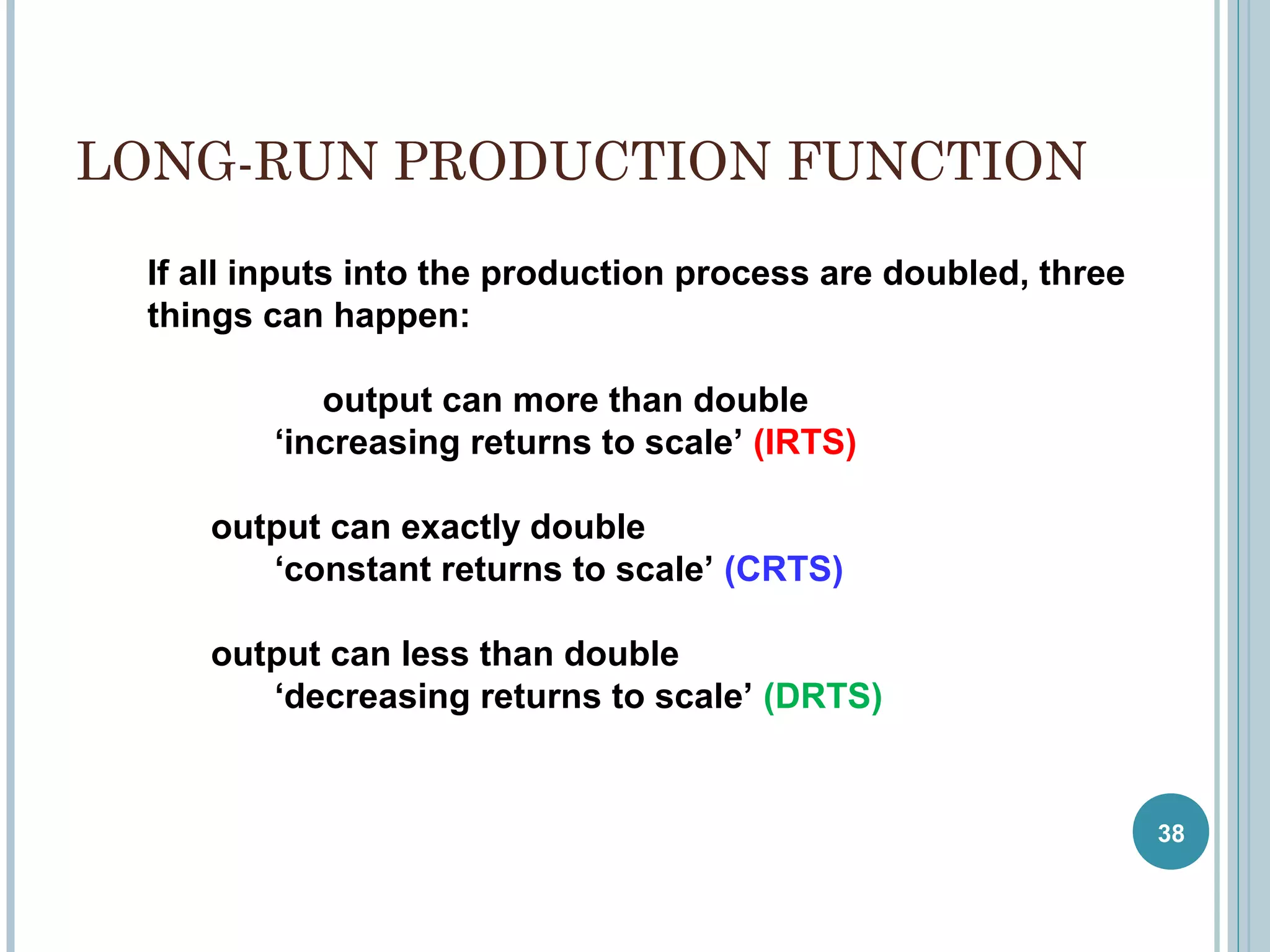LONG-RUN PRODUCTION FUNCTION
If all inputs into the production process are doubled, three
things can happen:
output can more than double
‘increasing returns to scale’ (IRTS)
output can exactly double
‘constant returns to scale’ (CRTS)
output can less than double
‘decreasing returns to scale’ (DRTS)

38

 
