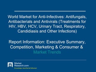 World Market for Anti-Infectives: Antifungals,
Antibacterials and Antivirals (Treatments for
HIV, HBV, HCV, Urinary Tract, Respiratory,
     Candidiasis and Other Infections)

Report Information: Executive Summary,
Competition, Marketing & Consumer &
             Market Trends
 