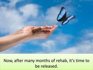 Now, after many months of rehab, it’s time to
be released.
 
