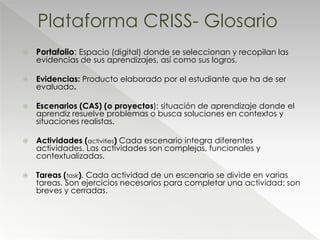  Portafolio: Espacio (digital) donde se seleccionan y recopilan las
evidencias de sus aprendizajes, así como sus logros.
 Evidencias: Producto elaborado por el estudiante que ha de ser
evaluado.
 Escenarios (CAS) (o proyectos): situación de aprendizaje donde el
aprendiz resuelve problemas o busca soluciones en contextos y
situaciones realistas.
 Actividades (activities) Cada escenario integra diferentes
actividades. Las actividades son complejas, funcionales y
contextualizadas.
 Tareas (task). Cada actividad de un escenario se divide en varias
tareas. Son ejercicios necesarios para completar una actividad; son
breves y cerradas.
Plataforma CRISS- Glosario
 