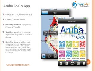www.prodintelinc.com
 Platform: iOS (iPhone & iPad)
 Client: Curacao Media
 Industry/ Vertical: Hospitality
(Tours & Travel)
 Solution: App is a complete
digital travel guide of island of
Aruba
 Benefits: App provide most
comprehensive information
about restaurants, activities,
shopping spots, hotels, night
clubs etc
Aruba To Go App
23
 