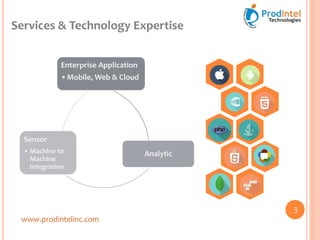 Enterprise Application
•Mobile, Web & Cloud
Analytic
Sensor
• Machine to
Machine
Integration
www.prodintelinc.com
Services & Technology Expertise
3
 