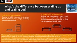 What’s the difference between scaling up
and scaling out?
SCALING OUT (Cloud Computing)
Scaling out coordinates many small
systems — each with their own
controller or operating system—so work
can be dispersed among them.
SCALING UP (Virtualization)
Scaling up adds resources to a system
that’s managed by a single operating
system or controller.
When an application demands more from a virtual machine (VM), you can either give that VM more resources so it can handle
demand by itself (scale up), or you can spin up more VMs and disperse demand among them (scale out).
If that app is in a cloud environment, you either scale up by collecting more physical resources, virtualizing them, routing them
into the existing resource pools, and managing them through the existing cloud’s controls (this is typical of private cloud
deployments); or you can scale out by requesting more cloud environments (this is typical of public cloud deployments).
 