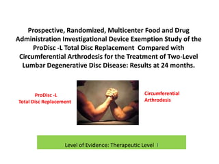 Prospective, Randomized, Multicenter Food and Drug
Administration Investigational Device Exemption Study of the
ProDisc -L Total Disc Replacement Compared with
Circumferential Arthrodesis for the Treatment of Two-Level
Lumbar Degenerative Disc Disease: Results at 24 months.

ProDisc -L
Total Disc Replacement

Circumferential
Arthrodesis

Level of Evidence: Therapeutic Level I

 