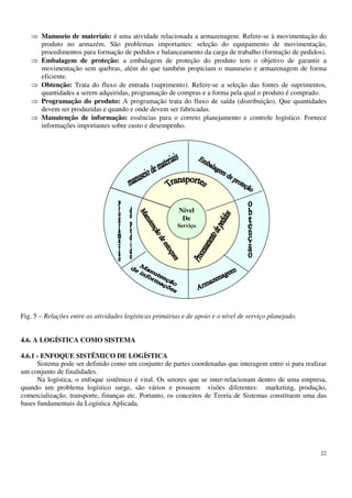 22
Manuseio de materiais: é uma atividade relacionada a armazenagem. Refere-se à movimentação do
produto no armazém. São problemas importantes: seleção do equipamento de movimentação,
procedimentos para formação de pedidos e balanceamento da carga de trabalho (formação de pedidos).
Embalagem de proteção: a embalagem de proteção do produto tem o objetivo de garantir a
movimentação sem quebras, além do que também propiciam o manuseio e armazenagem de forma
eficiente.
Obtenção: Trata do fluxo de entrada (suprimento). Refere-se a seleção das fontes de suprimentos,
quantidades a serem adquiridas, programação de compras e a forma pela qual o produto é comprado.
Programação do produto: A programação trata do fluxo de saída (distribuição). Que quantidades
devem ser produzidas e quando e onde devem ser fabricadas.
Manutenção de informação: essências para o correto planejamento e controle logístico. Fornece
informações importantes sobre custo e desempenho.
Fig. 5 – Relações entre as atividades logísticas primárias e de apoio e o nível de serviço planejado.
4.6. A LOGÍSTICA COMO SISTEMA
4.6.1 - ENFOQUE SISTÊMICO DE LOGÍSTICA
Sistema pode ser definido como um conjunto de partes coordenadas que interagem entre si para realizar
um conjunto de finalidades.
Na logística, o enfoque sistêmico é vital. Os setores que se inter-relacionam dentro de uma empresa,
quando um problema logístico surge, são vários e possuem visões diferentes: marketing, produção,
comercialização, transporte, finanças etc. Portanto, os conceitos de Teoria de Sistemas constituem uma das
bases fundamentais da Logística Aplicada.
Nível
De
Serviço
 