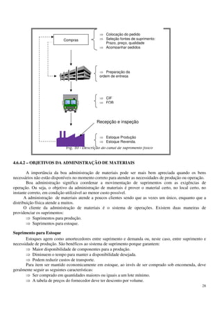 28
Fig. 10 - Descrição do canal de suprimento físico
4.6.4.2 – OBJETIVOS DA ADMINISTRAÇÃO DE MATERIAIS
A importância da boa administração de materiais pode ser mais bem apreciada quando os bens
necessários não estão disponíveis no momento correto para atender as necessidades de produção ou operação.
Boa administração significa coordenar a movimentação de suprimentos com as exigências de
operação. Ou seja, o objetivo da administração de materiais é prover o material certo, no local certo, no
instante correto, em condição utilizável ao menor custo possível.
A administração de materiais atende a poucos clientes sendo que as vezes um único, enquanto que a
distribuição física atende a muitos.
O cliente da administração de materiais é o sistema de operações. Existem duas maneiras de
providenciar os suprimentos:
Suprimentos para produção.
Suprimentos para estoque.
Suprimento para Estoque
Estoques agem como amortecedores entre suprimento e demanda ou, neste caso, entre suprimento e
necessidade de produção. São benéficos ao sistema de suprimento porque garantem:
Maior disponibilidade de componentes para a produção.
Diminuem o tempo para manter a disponibilidade desejada.
Podem reduzir custos de transporte.
Para item ser mantido economicamente em estoque, ao invés de ser comprado sob encomenda, deve
geralmente seguir as seguintes características:
Ser comprado em quantidades maiores ou iguais a um lote mínimo.
A tabela de preços do fornecedor deve ter desconto por volume.
Compras
Estoque Produção
Estoque Revenda.
Preparação da
ordem de entrega
Colocação do pedido
Seleção fontes de suprimento:
Prazo, preço, qualidade
Acompanhar pedidos
CIF
FOB
Recepção e inspeção
 