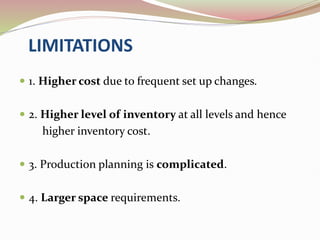 LIMITATIONS
 1. Higher cost due to frequent set up changes.
 2. Higher level of inventory at all levels and hence
higher inventory cost.
 3. Production planning is complicated.
 4. Larger space requirements.
 