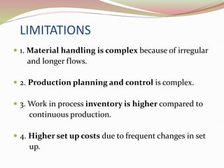 LIMITATIONS
 1. Material handling is complex because of irregular
and longer flows.
 2. Production planning and control is complex.
 3. Work in process inventory is higher compared to
continuous production.
 4. Higher set up costs due to frequent changes in set
up.
 
