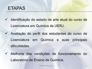 ETAPAS

 Identificação do estado de arte atual do curso de
   Licenciatura em Química da UERJ.

 Avaliação do perfil dos estudantes do curso de
   Licenciatura em Química e suas principais
   dificuldades.

 Melhoria das condições de funcionamento do
   Laboratório de Ensino de Química.
                     PRODOCÊNCIA -2011            6
 