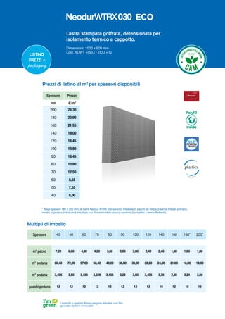 Listino
prezzi e
packaging
Spessore Prezzo
mm €/m2
200 26,30
180 23,90
160 21,55
140 19,00
120 16,45
100 13,80
90 16,45
80 13,80
70 12,50
60 8,55
50 7,20
40 6,00
Prezzi di listino al m2
per spessori disponibili
I prodotti a marchio Poron vengono imballati con film
generato da fonti rinnovabili
* Negli spessori 180 e 200 mm, le lastre Neodur WTRX 030 saranno imballate in pacchi da tre pezzi senza imballo primario,
mentre la pedana intera verrà imballata con film estensibile bianco coprente (il prodotto è termoriflettente)
Multipli di imballo
Spessore 40 50 60 70 80 90 100 120 140 160 180* 200*
m2
pacco 7,20 6,00 4,80 4,20 3,60 3,00 3,00 2,40 2,40 1,80 1,80 1,80
m2
pedana 86,40 72,00 57,60 50,40 43,20 36,00 36,00 28,80 24,00 21,60 18,00 18,00
m3
pedana 3,456 3,60 3,456 3,528 3,456 3,24 3,60 3,456 3,36 2,88 3,24 3,60
pacchi pedana 12 12 12 12 12 12 12 12 10 12 10 10
Lastra stampata goffrata, detensionata per
isolamento termico a cappotto.
Dimensioni: 1000 x 600 mm
Cod. NDWT +(Sp.) - ECO + Q
ECO
PolyFR
inside
 