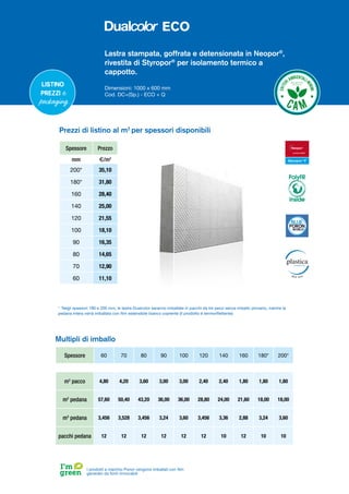 Lastra stampata, goffrata e detensionata in Neopor®
,
rivestita di Styropor®
per isolamento termico a
cappotto.
Dimensioni: 1000 x 600 mm
Cod. DC+(Sp.) - ECO + Q
Listino
prezzi e
packaging
Spessore Prezzo
mm €/m2
200* 35,10
180* 31,80
160 28,40
140 25,00
120 21,55
100 18,10
90 16,35
80 14,65
70 12,90
60 11,10
Prezzi di listino al m2
per spessori disponibili
Multipli di imballo
Spessore 60 70 80 90 100 120 140 160 180* 200*
m2
pacco 4,80 4,20 3,60 3,00 3,00 2,40 2,40 1,80 1,80 1,80
m2
pedana 57,60 50,40 43,20 36,00 36,00 28,80 24,00 21,60 18,00 18,00
m3
pedana 3,456 3,528 3,456 3,24 3,60 3,456 3,36 2,88 3,24 3,60
pacchi pedana 12 12 12 12 12 12 10 12 10 10
I prodotti a marchio Poron vengono imballati con film
generato da fonti rinnovabili
* Negli spessori 180 e 200 mm, le lastre Dualcolor saranno imballate in pacchi da tre pezzi senza imballo primario, mentre la
pedana intera verrà imballata con film estensibile bianco coprente (il prodotto è termoriflettente)
PolyFR
inside
ECO
 