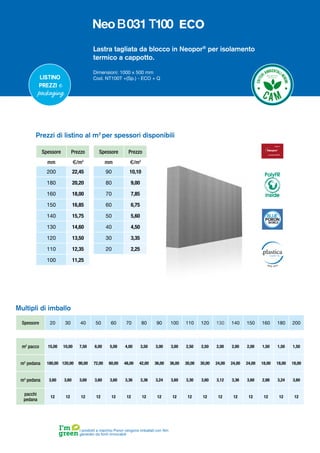Lastra tagliata da blocco in Neopor®
per isolamento
termico a cappotto.
Dimensioni: 1000 x 500 mm
Cod. NT100T +(Sp.) - ECO + Q
Spessore Prezzo
mm €/m2
200 22,45
180 20,20
160 18,00
150 16,85
140 15,75
130 14,60
120 13,50
110 12,35
100 11,25
Spessore Prezzo
mm €/m2
90 10,10
80 9,00
70 7,85
60 6,75
50 5,60
40 4,50
30 3,35
20 2,25
Prezzi di listino al m2
per spessori disponibili
Spessore 20 30 40 50 60 70 80 90 100 110 120 130 140 150 160 180 200
m2
pacco 15,00 10,00 7,50 6,00 5,00 4,00 3,50 3,00 3,00 2,50 2,50 2,00 2,00 2,00 1,50 1,50 1,50
m2
pedana 180,00 120,00 90,00 72,00 60,00 48,00 42,00 36,00 36,00 30,00 30,00 24,00 24,00 24,00 18,00 18,00 18,00
m3
pedana 3,60 3,60 3,60 3,60 3,60 3,36 3,36 3,24 3,60 3,30 3,60 3,12 3,36 3,60 2,88 3,24 3,60
pacchi
pedana
12 12 12 12 12 12 12 12 12 12 12 12 12 12 12 12 12
Multipli di imballo
I prodotti a marchio Poron vengono imballati con film
generato da fonti rinnovabili
Listino
prezzi e
packaging
PolyFR
inside
ECO
 