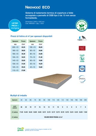 Sistema di isolamento termico di coperture a falde
accoppiato a pannello di OSB tipo 3 da 13 mm senza
formaldeide.
Dimensioni: 2440 x 1220 mm
Cod. NWOOD + (Sp.) - ECO
Listino
prezzi e
packaging
Spessore Prezzo
mm €/m2
200 +13 42,25
180 +13 39,05
160 +13 35,30
150 +13 34,25
140 +13 32,65
130 +13 31,05
120 +13 29,45
110 +13 27,80
Spessore Prezzo
mm €/m2
100 +13 26,20
90 +13 24,60
80 +13 23,00
70 +13 21,40
60 +13 19,80
50 +13 18,20
40 +13 16,60
Prezzi di listino al m2
per spessori disponibili
Spessore 40 50 60 70 80 90 100 110 120 130 140 150 160 180 200
pezzi
pedana
26 22 19 17 15 13 12 11 10 9 9 8 8 7 6
m2
pedana 77,402 65,494 56,563 50,609 44,655 38,701 35,724 32,747 29,770 26,793 26,793 23,816 23,816 20,839 17,862
m3
pedana VOLUME MEDIO PEDANA: 4,5 m3
Multipli di imballo
I prodotti a marchio Poron vengono imballati con film
generato da fonti rinnovabili
PolyFR
inside
ECO
 