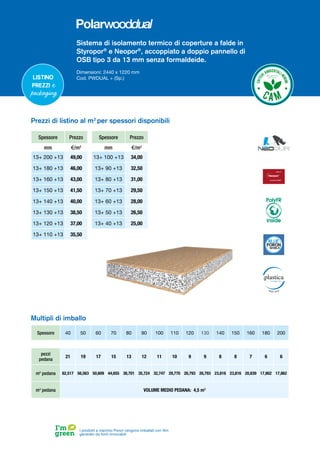 Listino
prezzi e
packaging
Spessore Prezzo
mm €/m2
13+ 200 +13 49,00
13+ 180 +13 46,00
13+ 160 +13 43,00
13+ 150 +13 41,50
13+ 140 +13 40,00
13+ 130 +13 38,50
13+ 120 +13 37,00
13+ 110 +13 35,50
Spessore Prezzo
mm €/m2
13+ 100 +13 34,00
13+ 90 +13 32,50
13+ 80 +13 31,00
13+ 70 +13 29,50
13+ 60 +13 28,00
13+ 50 +13 26,50
13+ 40 +13 25,00
Prezzi di listino al m2
per spessori disponibili
Spessore 40 50 60 70 80 90 100 110 120 130 140 150 160 180 200
pezzi
pedana
21 19 17 15 13 12 11 10 9 9 8 8 7 6 6
m2
pedana 62,517 56,563 50,609 44,655 38,701 35,724 32,747 29,770 26,793 26,793 23,816 23,816 20,839 17,862 17,862
m3
pedana VOLUME MEDIO PEDANA: 4,5 m3
Multipli di imballo
I prodotti a marchio Poron vengono imballati con film
generato da fonti rinnovabili
Sistema di isolamento termico di coperture a falde in
Styropor®
e Neopor®
, accoppiato a doppio pannello di
OSB tipo 3 da 13 mm senza formaldeide.
Dimensioni: 2440 x 1220 mm
Cod. PWDUAL + (Sp.)
PolyFR
inside
 