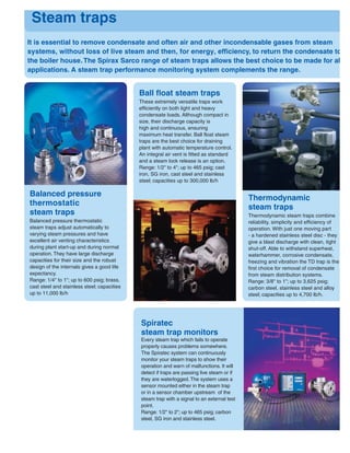 Balanced pressure
thermostatic
steam traps
Balanced pressure thermostatic
steam traps adjust automatically to
varying steam pressures and have
excellent air venting characteristics
during plant start-up and during normal
operation. They have large discharge
capacities for their size and the robust
design of the internals gives a good life
expectancy.
Range: 1/4" to 1"; up to 600 psig; brass,
cast steel and stainless steel; capacities
up to 11,000 lb/h
Spiratec
steam trap monitors
Every steam trap which fails to operate
properly causes problems somewhere.
The Spiratec system can continuously
monitor your steam traps to show their
operation and warn of malfunctions. It will
detect if traps are passing live steam or if
they are waterlogged.The system uses a
sensor mounted either in the steam trap
or in a sensor chamber upstream of the
steam trap with a signal to an external test
point.
Range: 1/2" to 2"; up to 465 psig; carbon
steel, SG iron and stainless steel.
Ball ﬂoat steam traps
These extremely versatile traps work
efficiently on both light and heavy
condensate loads. Although compact in
size, their discharge capacity is
high and continuous, ensuring
maximum heat transfer. Ball float steam
traps are the best choice for draining
plant with automatic temperature control.
An integral air vent is fitted as standard
and a steam lock release is an option.
Range: 1/2" to 4"; up to 465 psig; cast
iron, SG iron, cast steel and stainless
steel; capacities up to 300,000 lb/h
Thermodynamic
steam traps
Thermodynamic steam traps combine
reliability, simplicity and efficiency of
operation. With just one moving part
- a hardened stainless steel disc - they
give a blast discharge with clean, tight
shut-off. Able to withstand superheat,
waterhammer, corrosive condensate,
freezing and vibration the TD trap is the
first choice for removal of condensate
from steam distribution systems.
Range: 3/8" to 1"; up to 3,625 psig;
carbon steel, stainless steel and alloy
steel; capacities up to 4,700 lb/h.
It is essential to remove condensate and often air and other incondensable gases from steam
systems, without loss of live steam and then, for energy, efﬁciency, to return the condensate to
the boiler house.The Spirax Sarco range of steam traps allows the best choice to be made for al
applications. A steam trap performance monitoring system complements the range.
Steam traps
 