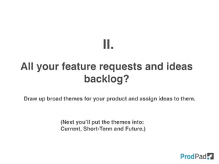 All your feature requests and ideas
backlog?
II.
Draw up broad themes for your product and assign ideas to them.
(Next you’ll put the themes into:
Current, Short-Term and Future.)
 