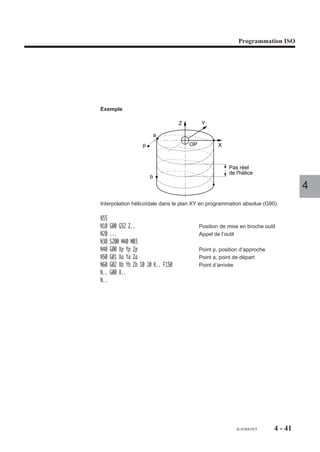 Programmation ISO




Exemple

                                    Z         Y

                        a
                    p                   OP           X



                                                         Pas réel
                                                         de l'hélice
                        b
                                                                                     4
Interpolation hélicoïdale dans le plan XY en programmation absolue (G90).

%55
N10   G00 G52 Z..                            Position de mise en broche outil
N20   ...                                    Appel de l’outil
N30   S200 M40 M03
N40   G00 Xp Yp Zp                           Point p, position d’approche
N50   G01 Xa Ya Za                           Point a, point de départ
N60   G02 Xb Yb Zb I0 J0 K.. F150            Point d’arrivée
N..   G00 X..
N..




                                                            fr-938819/5     4 - 41
 