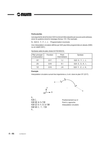Particularités
                       Les arguments de la fonction G23 ne doivent être séparés par aucune autre adresse,
                       sinon le système émet le message d'erreur 101. Par exemple :
                       N.. G23 X.. Y.. F.. I.. J..   Programmation incorrecte
                       Une interpolation circulaire définie par G23 peut être programmée en absolu (G90)
                       ou en relatif (G91).

                       Syntaxes selon le plan choisi G17/G18/G19 :

                        Plan principal         Fonction          Point                       Syntaxe
                        d’interpolation                      Intermédiaire

                               XY                  G17               IJ                G23 X.. Y.. I.. J..

                                ZX                 G18               KI                G23 Z.. X.. K.. I..

                                YZ                 G19            JK                  G23 Y.. Z.. J.. K..

                       Exemple
                       Interpolation circulaire suivant les trajectoires a, b et c dans le plan XY (G17)

                                                                          b
                                                                 c

                                                                                         a
                                               Y

                                                      X
                                          OP

                       N..
                       N130   Z..                                     Positionnement sur Z
                       N140   G01 Xa Ya F150                          Point a, approche
                       N150   G23 Xc Yc Ib Jb F100                    Interpolation circulaire
                       N160   G01 X.. Y.. F150
                       N..




4 - 46   fr-938819/5
 