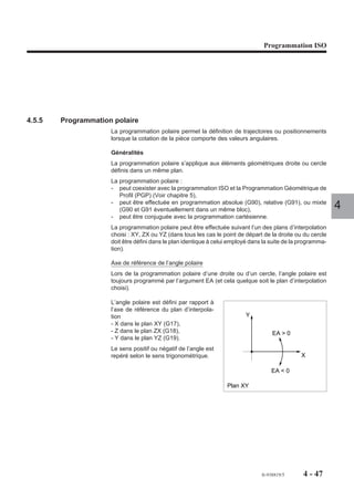 Programmation ISO




4.5.5   Programmation polaire
                     La programmation polaire permet la définition de trajectoires ou positionnements
                     lorsque la cotation de la pièce comporte des valeurs angulaires.

                     Généralités
                     La programmation polaire s’applique aux éléments géométriques droite ou cercle
                     définis dans un même plan.
                     La programmation polaire :
                     - peut coexister avec la programmation ISO et la Programmation Géométrique de
                        Profil (PGP) (Voir chapitre 5),
                     - peut être effectuée en programmation absolue (G90), relative (G91), ou mixte
                        (G90 et G91 éventuellement dans un même bloc),                                        4
                     - peut être conjuguée avec la programmation cartésienne.
                     La programmation polaire peut être effectuée suivant l’un des plans d’interpolation
                     choisi : XY, ZX ou YZ (dans tous les cas le point de départ de la droite ou du cercle
                     doit être défini dans le plan identique à celui employé dans la suite de la programma-
                     tion).

                     Axe de référence de l’angle polaire
                     Lors de la programmation polaire d’une droite ou d’un cercle, l’angle polaire est
                     toujours programmé par l’argument EA (et cela quelque soit le plan d’interpolation
                     choisi).

                     L’angle polaire est défini par rapport à
                     l’axe de référence du plan d’interpola-
                     tion                                                 Y
                     - X dans le plan XY (G17),
                     - Z dans le plan ZX (G18),                                       EA > 0
                     - Y dans le plan YZ (G19).
                     Le sens positif ou négatif de l’angle est
                     repéré selon le sens trigonométrique.                                      X

                                                                                     EA < 0

                                                                   Plan XY




                                                                                 fr-938819/5     4 - 47
 