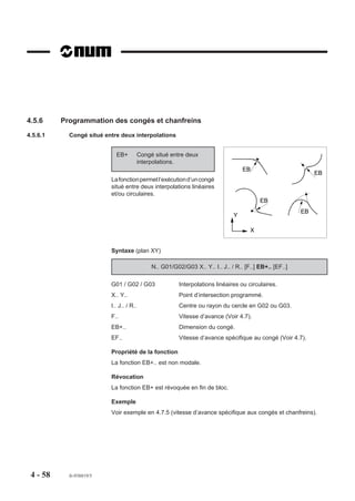 4.5.6     Programmation des congés et chanfreins
4.5.6.1     Congé situé entre deux interpolations


                            EB+       Congé situé entre deux
                                      interpolations.
                                                                                EB
                                                                                                           EB
                          La fonction permet l’exécution d’un congé
                          situé entre deux interpolations linéaires
                          et/ou circulaires.
                                                                                       EB
                                                                                                      EB
                                                                            Y

                                                                                   X


                          Syntaxe (plan XY)

                                           N.. G01/G02/G03 X.. Y.. I.. J.. / R.. [F..] EB+.. [EF..]

                          G01 / G02 / G03             Interpolations linéaires ou circulaires.
                          X.. Y..                     Point d’intersection programmé.
                          I.. J.. / R..               Centre ou rayon du cercle en G02 ou G03.
                          F..                         Vitesse d’avance (Voir 4.7).
                          EB+..                       Dimension du congé.
                          EF..                        Vitesse d’avance spécifique au congé (Voir 4.7).

                          Propriété de la fonction
                          La fonction EB+.. est non modale.

                          Révocation
                          La fonction EB+ est révoquée en fin de bloc.

                          Exemple
                          Voir exemple en 4.7.5 (vitesse d’avance spécifique aux congés et chanfreins).




 4 - 58     fr-938819/5
 