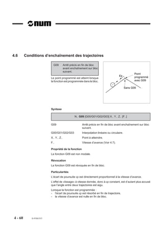 4.6      Conditions d’enchaînement des trajectoires

                             G09         Arrêt précis en fin de bloc
                                         avant enchaînement sur bloc
                                         suivant.
                                                                                                       Point
                                                                                         εp            programmé
                           Le point programmé est atteint lorsque
                           la fonction est programmée dans le bloc.                                    avec G09

                                                                                                Sans G09




                           Syntaxe

                                                  N.. G09 [G00/G01/G02/G03] X.. Y.. Z.. [F..]

                           G09                          Arrêt précis en fin de bloc avant enchaînement sur bloc
                                                        suivant.
                           G00/G01/G02/G03              Interpolation linéaire ou circulaire.
                           X.. Y.. Z..                  Point à atteindre.
                           F..                          Vitesse d’avance (Voir 4.7).

                           Propriété de la fonction
                           La fonction G09 est non modale.

                           Révocation
                           La fonction G09 est révoquée en fin de bloc.

                           Particularités
                           L’écart de poursuite εp est directement proportionnel à la vitesse d’avance.
                           L’effet de «lissage» à vitesse donnée, donc à εp constant, est d’autant plus accusé
                           que l’angle entre deux trajectoires est aigu.
                           Lorsque la fonction est programmée :
                           - l’écart de poursuite εp est résorbé en fin de trajectoire,
                           - la vitesse d’avance est nulle en fin de bloc.




4 - 60       fr-938819/5
 