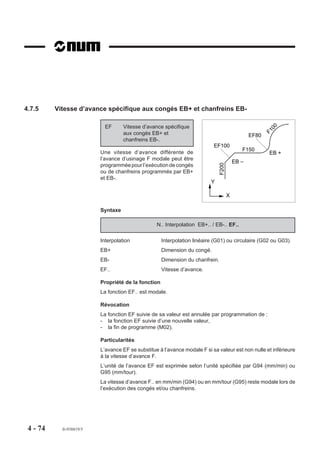 4.7.5     Vitesse d’avance spécifique aux congés EB+ et chanfreins EB-

                            EF      Vitesse d’avance spécifique




                                                                                                         00
                                                                                                        F1
                                    aux congés EB+ et                                            EF80
                                    chanfreins EB-.
                                                                           EF100
                          Une vitesse d’avance différente de                                 F150
                                                                                                         EB +
                          l’avance d’usinage F modale peut être
                                                                                          EB –




                                                                               F200
                          programmée pour l’exécution de congés
                          ou de chanfreins programmés par EB+
                          et EB-.
                                                                          Y

                                                                                      X

                          Syntaxe

                                                  N.. Interpolation EB+.. / EB-.. EF..

                          Interpolation              Interpolation linéaire (G01) ou circulaire (G02 ou G03).
                          EB+                        Dimension du congé.
                          EB-                        Dimension du chanfrein.
                          EF..                       Vitesse d’avance.

                          Propriété de la fonction
                          La fonction EF.. est modale.

                          Révocation
                          La fonction EF suivie de sa valeur est annulée par programmation de :
                          - la fonction EF suivie d’une nouvelle valeur,
                          - la fin de programme (M02).

                          Particularités
                          L’avance EF se substitue à l’avance modale F si sa valeur est non nulle et inférieure
                          à la vitesse d’avance F.
                          L’unité de l’avance EF est exprimée selon l’unité spécifiée par G94 (mm/min) ou
                          G95 (mm/tour).
                          La vitesse d’avance F.. en mm/min (G94) ou en mm/tour (G95) reste modale lors de
                          l’exécution des congés et/ou chanfreins.




 4 - 74     fr-938819/5
 