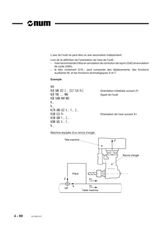 L’axe de l’outil ne peut être un axe secondaire indépendant.
                       Lors de la définition de l’orientation de l’axe de l’outil :
                       - il est recommandé d’être en annulation de correction de rayon (G40) et annulation
                          de cycle (G80),
                       - le bloc contenant G16... peut comporter des déplacements, des fonctions
                          auxiliaires M, et les fonctions technologiques S et T.

                       Exemple

                       %44
                       N10 G00 G52 Z.. (G17 G16 R+)              Orientation initialisée suivant Z+
                       N20 T08 ... M06                           Appel de l’outil
                       N30 S400 M40 M03
                       N..
                       N..
                       N170 G00 G52 X.. Y.. Z..
                       N180 G16 P+                               Orientation de l’axe suivant X+
                       N190 G00 Y.. Z..
                       N200 G01 X.. F..
                       N..

                       Machine équipée d’un renvoi d’angle.

                                  Tête machine                               Z




                                                                                      Renvoi d'angle




                                         Pièce

                                  Z                    P+

                                         X             X+
                                   OP
                                                 Table machine




4 - 80   fr-938819/5
 