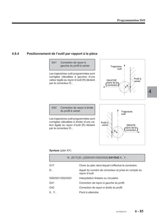 Programmation ISO




4.8.4   Positionnement de l’outil par rapport à la pièce

                         G41     Correction de rayon à
                                 gauche du profil à usiner.                      Trajectoire
                                                                                       outil

                       Les trajectoires outil programmées sont
                       corrigées (décalées à gauche) d’une
                                                                                                           Profil à
                       valeur égale au rayon d’outil (R) déclaré            GAUCHE                         usiner
                       par le correcteur D...                               sens de la
                                                                          ( correction   )            R

                                                                                                                      4

                         G42     Correction de rayon à droite
                                 du profil à usiner.                                         Trajectoire
                                                                                             outil
                       Les trajectoires outil programmées sont
                       corrigées (décalées à droite) d’une va-        Profil à
                       leur égale au rayon d’outil (R) déclaré         usiner                      DROITE
                       par le correcteur D...                                                     sens de la
                                                                                    R
                                                                                                ( correction   )



                       Syntaxe (plan XY)

                                       N.. [G17] [D..] [G00/G01/G02/G03] G41/G42 X.. Y..

                       G17                       Choix du plan dans lequel s’effectue la correction.
                       D..                       Appel du numéro de correcteur et prise en compte du
                                                 rayon d’outil.
                       G00/G01/G02/G03           Interpolation linéaire ou circulaire.
                       G41                       Correction de rayon à gauche du profil.
                       G42                       Correction de rayon à droite du profil.
                       X.. Y..                   Point à atteindre.




                                                                                        fr-938819/5        4 - 85
 