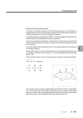 Programmation ISO




Dégagement de l’outil
Au début du premier bloc programmé en
annulation de correction de rayon (obli-
gatoirement une droite), le centre de
l’outil part :                                                    G40
                                                    N
- de la normale à la trajectoire
    précédente,
                                            G41
- décalé du point programmé de la
    valeur du rayon du correcteur.
Le point d’arrivée du centre de l’outil
coïncide avec le point programmé.
                                                                                   4

Exemples

Engagement sur un cercle extérieur en G03
N..   ...
N..   D04                                   a
N40   Xa Ya Za
                                                         N'
N50   G01 G41 Xb Yb F..
N60   G03 Xc Yc Io Jo F..                                             N
N70   G02 Xd Yd Io’ Jo’                         b                 O
N..                                                 R

                                                              c



                                                                  R
                                                         o'                 d




                                                    fr-938819/5           4 - 91
 