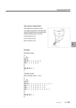 Programmation ISO




Contournage d’un profil en correction de rayon dans le plan XY (G17).
Rayon non coté = Rayon outil

                                        55
                               23
                                                        10

                      10
                                                  R12
               35




                                                                               23
                    17




                                                                         17
                                                                                             4
                               25
                                    45
                                             70
                                                  90


Trajectoires d'usinage (finition)

                         Z
                    3




               ø 20
                             G41
                                    c
                                                            g
                                                        f         h       i
                a 5            b     d            e                       10
                         Y

                    OP        X




                                                                fr-938819/5         4 - 93
 