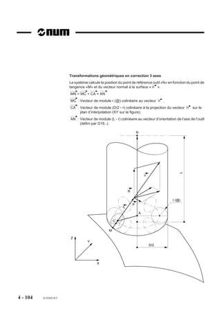 %30
                       N10 G00 G52 Z..
                       N20 T01 D01 M06 (FRAISE DIAMETRE=20)
                       N30 S300 M03 M40
                       N40 G00 G41 X-15 Y17                   Point a, correction de rayon à gauche
                       N50 Z-3                                Position outil en Z
                       N60 G01 X10 F100 M08                   Point b
                       N70 X23 Y35                            Point c
                       N80 X25 Y17                            Point d
                       N90 X45                                Point e
                       N100 G03 X65 Y17 R12 F50               Point f
                       N110 G01 X70 Y35 F100                  Point g
                       N120 X90 Y17                           Point h
                       N130 G40 X100                          Point i, annulation de correction
                                                              de rayon
                       N140 G00 G52 Z.. M05 M09               Dégagement
                       N150 M02




4 - 94   fr-938819/5
 