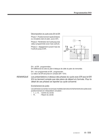 Programmation ISO




Notion de surface et vecteur normal
La nature des surfaces usinées en G29 (surfaces gauches) et les impératifs de
programmation (vecteur normal) réserve l’usage de la correction dans l’espace aux
usinages programmés à l’aide de langages symboliques.
L’usinage est exécuté par balayage «TABCYL» (mot du langage APT définissant un
cylindre tabulé) par interpolations linéaires successives.
Les blocs successifs du programme contiennent les coordonnées des points et le
vecteur normal de longueur unitaire en chaque point est toujours dirigé de la pièce
vers l’extérieur.
Les points programmés peuvent être plus ou moins rapprochés suivant la précision
de l’usinage à obtenir.                                                                     4
En correction 3 axes, le vecteur matière défini par les composantes P Q R doit avoir
un module de 1000 mm à 1mm près (soit +- 0,1 %), sinon le système émet le message
d'erreur 145.
C’est suivant le vecteur normal ci-dessous que la correction d’outil est appliquée :


    P2 + Q2 + R2 = 1000 mm

     X1       X2        X3
a    Y1   b Y2      c Y3
                                                                     n2           n1
     Z1       Z2        Z3                               n3




                                                                       b      a
                                                              c




En correction 5 axes, le vecteur matière défini par P Q R et la direction d’outil définie
par I J K peuvent avoir des modules quelconques (ceux-ci seront normés par le
système), mais les trois composantes des deux vecteurs doivent être programmées
dans chaque bloc, sinon le système émet le message d'erreur 146.




                                                              fr-938819/5     4 - 101
 