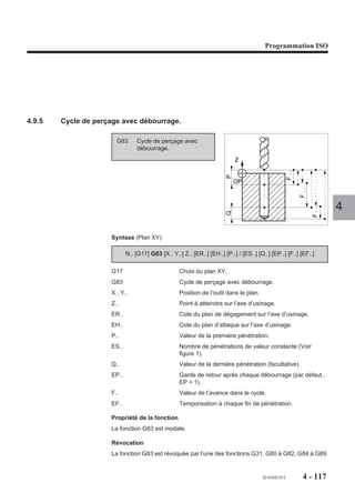 Programmation ISO




4.8.5.2   Correction d’outil dans l'espace avec outil cylindrique

                               G43         Correction d’outil dans l'espace (3 ou 5 axes) avec outil cylindrique.

                         Syntaxe

                                       N.. [D..] [G01] G43 X.. Y.. Z.. P.. Q.. R.. [I.. J.. K..] [A.. B.. C..]

                         D..                            Numéro du correcteur.
                         G01                            Interpolation linéaire.
                         G43                            Correction d’outil dans l’espace avec outil cylindrique.           4
                         X.. Y.. Z..                    Point programmé sur la surface.
                         P..Q.. R..                     Composantes du vecteur matière dont la norme 1000
                                                        oriente le centre de la pointe outil par rapport au point
                                                        programmé (le déport est obtenu par les composantes
                                                        du vecteur divisé par 1000 et multiplié par par le rayon
                                                        de l'outil) (obligatoires dans chaque bloc).
                         I.. J.. K..                    Composantes du vecteur outil normé à 1 par le système
                                                        qui donne l'orientation de l'axe outil (voir particularités).
                         A.. / B.. / C..                Angles d’inclinaison d’une tête «twist» en correction
                                                        5 axes :
                                                        A : angle suivant X,
                                                        B : angle suivant Y,
                                                        C : angle suivant Z.

                         Propriétés de la fonction
                         La fonction G43 est modale.

                         Révocation
                         La fonction G43 est révoquée par la fonction G40.

                         Particularités
                         Avec RTCP et axes twist, la direction d’outil (I J K ) n'a pas à être programmée, elle
                         est incluse dans le déport traité par la fonction RTCP (si elle est programmée ce
                         vecteur n'est pas traité).
                         Hors RTCP et axes twist, et en l'absence du vecteur I J K, la direction d'outil est
                         supposée paraxiale et elle est donnée par la fonction G16.
                         Pour informations sur la fonction RTCP, voir manuel de programmation complémen-
                         taire.




                                                                                             fr-938819/5         4 - 107
 