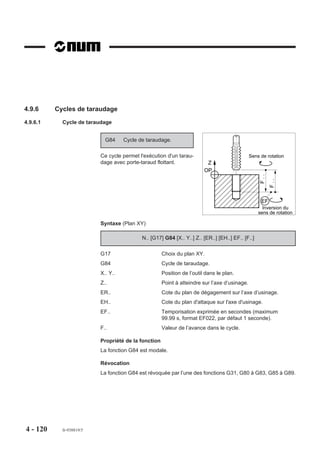 Particularités
                         Lorsqu’un cycle (G8x et G31) est programmé, le système doit être dans l’état G40
                         (annulation de la correction de rayon d’outil «G41 ou G42»).


                                              !   ATTENTION

 L’utilisation des variables programme L900 à L959 (Voir chapitre 6) est déconseillée dans
 un programme comportant des cycles d’usinage; certaines de ces variables risquant d’être
                           écrasées au moment de l’appel d’un cycle.

                         Cotes ER et EH
                         La cote du plan d’approche (ou de dégagement) sur l’axe d’usinage «ER» est
                         affectée à l’axe primaire (Z) ou à l’axe secondaire (W) programmé le dernier.
                         La cote du plan d’attaque sur l’axe d’usinage «EH» est affectée à l’axe primaire (Z)
                         ou l’axe secondaire (W) programmé le dernier.
                         EH doit être obligatoirement programmée avec ER dans le bloc du cycle.

                         Décomposition du cycle avec ER (sans EH)
                         Phase 1 : Positionnement rapide (linéaire
                         ou circulaire) dans le plan, puis à ER..
                                                                                       1
                         Phase 2 : Pénétration de l’outil jusqu’à la
                         valeur programmée avec l’axe outil (Z).
                         Phase 3 : dégagement suivant l’axe de               Z
                                                                                  ER . .   2      3
                         l’outil (Z) jusqu’à ER..
                                                                                  ,, , , , ,,
                                                                                 ,,,,,,,,,,,,
                                                                                 ,, , , , , ,
                                                                                 ,,,,,,,,,,,,
                                                                                 ,,,,,,,,,,,,
                                                                                 ,,,,,,,,,,,,
                                                                                 ,,,,,,,,,,,,
                                                                                 ,,,,,,,,,,,,
                                                                                 ,,,,,,,,,,,,
                                                                                 ,,,,,,,,,,,,
                                                                                 ,,,,,,,,,,,,
                                                                                 ,,,,,,,,,,,,
                                                                                   ,,,,,,,,,,
                                                                                   ,,,,,,,,,



                                                                                 ,,, , , , ,




                                                                        OP




                         ER.. non programmée :
                         La valeur précédente programmée sur l’axe Z est conservée lors de l’approche.
                         ER.. programmée seule :
                         Il y a positionnement de l’outil suivant l’axe Z.




4 - 110    fr-938819/5
 