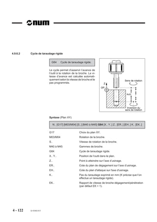 4.9.2     Annulation d’un cycle d’usinage

                            G80     Annulation de cycle d’usinage.

                          La fonction permet la révocation des cycles d’usinage.

                          Syntaxe

                                                               N.. G80

                          G80                       Annulation de cycle d’usinage.

                          Propriétés de la fonction
                          La fonction G80 est modale et initialisée à la mise sous tension.

                          Révocation
                          La fonction G80 est révoquée par l’une des fonctions G31, G81 à G89.

                          Particularités
                          La fonction G80 intégrée dans un sous programme de cycle rend le cycle non modal.

                          Exemple

                          N..
                          N120 G00 X.. Y.. Z..                       Positionnement outil
                          N130 G81 Z-10 F100                         Cycle de perçage
                          N140 G80 G00 Z200                          Annulation de cycle
                          N..




4 - 112     fr-938819/5
 