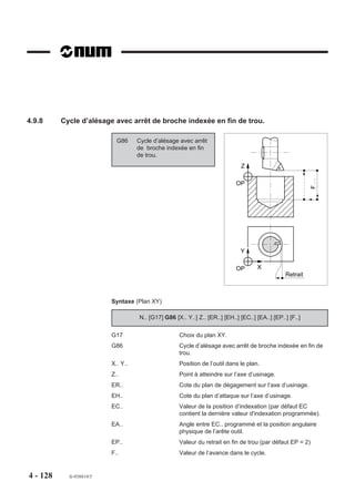 Particularités
                        Si les adresses P et Q sont programmées, les pénétrations successives entre P et
                        Q sont de valeurs dégressives.
                        La programmation d'au moins un des deux arguments P et ES est obligatoire, sinon
                        le système émet le message d'erreur 889.
                        Si la valeur de P est supérieure au delta Z, le système émet le message d'erreur 881.

                        Particularités liées à ES (nombre de pénétrations constantes)
                        P et ES sont programmées :                   Figure 1
                        la première pénétration est égale à P et
                        le reste du perçage est exécuté en un               Avec P et ES                            ES seul
                        nombre de pénétrations ES.




                                                                              ,,,,,,,,,,,,,,,,,,
                                                                              ,,,,,,,,,,,,,,,,,,
                                                                              ,,,,,,,,,,,,,,,,,,
                                                                              ,,,,,,,,,,,,,,,,,,



                                                                                                                ,,,,,,,,,,,,,,,,,,
                                                                                                                ,,,,,,,,,,,,,,,,,,
                                                                                                                ,,,,,,,,,,,,,,,,,,
                                                                                                                ,,,,,,,,,,,,,,,,,,
                        ES programmé seul (sans P) :




                                                                               ,




                                                                                                                 ,
                                                                                , , , , , , , ,,




                                                                                                       Perçage/ES
                                                                                                                  , , , , , , , ,,
                                                                       P
                        la totalité du perçage est exécutée en un



                                                                                 ,,,,,,,




                                                                                                                   ,,,,,,,
                        nombre de pénétrations ES.
                                                                       Reste/ES




                        Décomposition du cycle
                        Les phases ci-dessous sont données à titre indicatif, leur nombre dépend des valeurs
                        programmées avec le cycle.

                                       1

                               garde
                                                                                                             (G04)
                                                       2
                        P


                                ,,,,,,,,,,,,,,,,,,,,,,,,,,
                                ,,,,,,,,,,,,,,,,,,,,,,,,,,
                                ,,,,,,,,,,,,,,,,,,,,,,,,,,
                                ,,,,,,,,,,,,,,,,,,,,,,,,,,
                                ,,,,,,,,,,,,,,,,,,,,,,,,,,
                                ,,,,,,,,,,,,,,,,,,,,,,,,,,
                                ,,,,,,,,,,,,,,,,,,,,,,,,,,
                                ,,,,,,,,,,,,,,,,,,,,,,,,,
                                 ,
                                   ,,,,,,,,,,,




                                                             3
                                                                                                                     7
                                                                      4

                                                                                      5
                                                                                                   6
                        Q




                                              Z




4 - 118   fr-938819/5
 