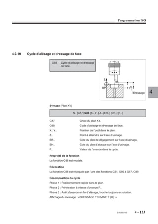 Programmation ISO




Propriété de la fonction
La fonction G84 est modale.

Révocation
La fonction G84 est révoquée par l’une des fonctions G31, G80 à G83, G85 à G89.

Particularités
A l’appel du cycle, l’axe de l’outil est couplé à la rotation de broche.
Pendant l’exécution du cycle :
- l'erreur de poursuite sur l’axe outil est annulée pendant la phase d’avance à
  vitesse constante,                                                                     4
- la modulation de vitesse d'avance et de broche par potentiomètres est inhibée
  (valeur forcée à 100%)
Dans la zone de fin de taraudage, la vitesse de broche est ralentie et la rotation est
inversée.
En fin de cycle, la broche est remise dans son état initial.
Le taraudage rigide peut être exécuté en plusieurs pénétrations, mais dans ce cas
il y a nécessité de programmer plusieurs blocs successifs.
En taraudage rigide, le système émet le message d'erreur 899 dans les cas suivants
:
- utilisation avec numéro de groupe d'axes supérieur à 5,
- utilisation avec numéro de broche supérieur à 2,
- le groupe d'axes ne commande pas la broche qu'il utilise ou n'apporte pas sa
   mesure.

Garde de taraudage
Avant le lancement du cycle, il est nécéssaire de prévoir une garde suffisante
permettant à l’axe de taraudage d’atteindre une vitesse correcte avant attaque de la
matière. Cette garde est fonction de la vitesse de taraudage désirée et de l’accélé-
ration tolérée sur l’axe. L’abaque suivante permet de déterminer approximativement
cette garde.
Utilisation de l’abaque pour un taraudage M10 (pas = 1,5), par exemple :
- vitesse de rotation = 320 t/min
- vitesse d’avance de l’axe = 480 mm/min ou 0,48 m/min
- accélération = 0,5 m/s2




                                                               fr-938819/5   4 - 123
 