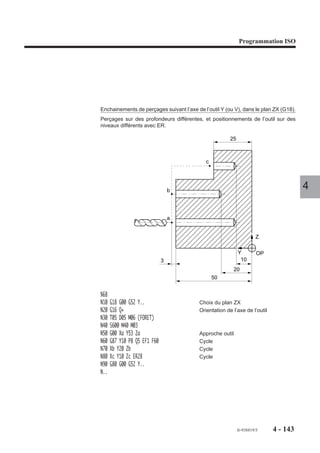 Programmation ISO




4.9.10   Cycle d’alésage et dressage de face

                         G88     Cycle d’alésage et dressage
                                 de face.




                                                                        Z




                                                                                                     F..
                                                                       ,,,,,,, , ,,,
                                                                       ,,,,,,,,,,,,,
                                                                       ,,,,,,,,,,,,,
                                                                       ,,,,,,,,,,,,,
                                                                       ,,,,,,,,,,,,,
                                                                       ,,, , ,,,,, ,
                                                                       ,,,,,,,,,,,,,
                                                                        ,,,,,




                                                                         ,,,,,,,,,,,
                                                                      OP
                                                                                                           Dressage   4

                       Syntaxe (Plan XY)                                          ,
                                           N.. [G17] G88 [X.. Y..] Z.. [ER..] [EH..] [F..]

                       G17                        Choix du plan XY.
                       G88                        Cycle d’alésage et dressage de face.
                       X.. Y..                    Position de l’outil dans le plan .
                       Z..                        Point à atteindre sur l’axe d’usinage.
                       ER..                       Cote du plan de dégagement sur l’axe d’usinage.
                       EH..                       Cote du plan d'attaque sur l'axe d'usinage.
                       F..                        Valeur de l’avance dans le cycle.

                       Propriété de la fonction
                       La fonction G88 est modale.

                       Révocation
                       La fonction G88 est révoquée par l’une des fonctions G31, G80 à G87, G89.

                       Décomposition du cycle
                       Phase 1 : Positionnement rapide dans le plan.
                       Phase 2 : Pénétration à vitesse d’avance F..
                       Phase 3 : Arrêt d’avance en fin d’alésage, broche toujours en rotation.
                       Affichage du message : «DRESSAGE TERMINE ? (O) :»




                                                                                       fr-938819/5         4 - 133
 