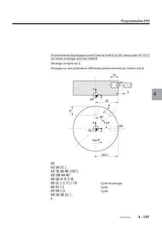 Programmation ISO




4.9.11   Cycle d’alésage avec temporisation en fin de trou

                         G89     Cycle d’alésage avec
                                 temporisation en fin de trou.


                                                                        Z
                                                                       OP




                                                                         ,,,,,,,,,,,,,,,,
                                                                         ,,,,,,,,,,,,,,,,
                                                                         ,,,,,,,,,,,,,,,,
                                                                         ,,, , ,,,,,,,,,
                                                                         ,,,,,,,,,,,,,,,,
                                                                         ,,,,,,, , ,,,,,,
                                                                         ,,,,,,,,,,,,,,,,
                                                                         ,,,,,,,,,,,,,,,,
                                                                         ,,,,,,,,,,, , ,,

                                                                                                    F..
                                                                                                          F..
                                                                           ,,,,,,,,,,,,,,
                                                                                                     EF
                                                                                                                    4

                       Syntaxe (Plan XY)

                                        N.. [G17] G89 [X.. Y..] Z.. [ER..] [EH..] [EF..] [F..]

                       G17                        Choix du plan XY.
                       G89                        Cycle d’alésage avec arrêt temporisé en fin de trou.
                       X.. Y..                    Position de l’outil dans le plan.
                       Z..                        Point à atteindre sur l’axe d’usinage.
                       ER..                       Cote du plan de dégagement sur l’axe d’usinage.
                       EH..                       Cote du plan d'attaque sur l'axe d'usinage.
                       EF..                       Temporisation exprimée en secondes (maximum
                                                  99.99 s, format EF022, par défaut EF = 1 seconde).
                       F..                        Valeur de l’avance dans le cycle.

                       Propriété de la fonction
                       La fonction G89 est modale.

                       Révocation
                       La fonction G89 est révoquée par l’une des fonctions G31, G80 à G88.




                                                                                      fr-938819/5         4 - 135
 
