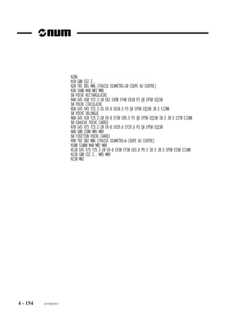 Enchaînements de perçages suivant l’axe de l’outil Z (ou W), dans le plan XY (G17)
                        Perçages de 4 trous avec positionnements par interpolation circulaire à l’intérieur
                        d’une gorge.




                                                 ,,,,,,,,,,,,,,,,,,,
                                                 ,,, ,,,,,,,,,,,,,,,
                                                 ,,,,,,,,,,,,,,,,,,,
                                                 ,,,,,,,,,,,,,,,,,,,
                                                 ,,,,,,,,,,,,,,,,,,,
                                                 ,,,,,,,,,,,,,,,,,,,
                                                 ,,,,,,,,,,,,,,,,,,,
                                                 ,,,,,,,,,,,,,,,,,,,
                                                 ,,,,,,,,,,,,,,,,,,,
                                                 ,,, , , , , ,,, ,,,
                                                 ,,,,,,,,,,,,,,,,,,,
                                                 ,,,,,,,,,,,,,,,,,,,
                                                 ,,,,,,,,,,,,,,,,,,,
                                                 ,,,,,,,,,,,,,,,,,,,
                                                 ,,, , , ,,,,, , , ,
                                                 ,,,,,,,,,,,,,,,,,,,
                                                 ,,,,,,,,,,,,,,,,,,,
                                                 ,,,,,, , , , , , ,
                                                 ,,,,,,,,,,,,,,,,,,,
                                                 ,,,,,,,,,,
                                                  ,,

                                                    ,




                                                    ,


                                                    ,
                                                      ,




                                                      ,


                                                      ,,,,,, , ,,,,,
                                                        ,




                                                        ,
                                                          ,




                                                                                           25
                                                            ,




                                                            ,
                                       20




                                                                 Z
                                                              ,




                                                              ,
                                            10




                                                                ,


                                                                ,
                                                                OP,       X



                                                                      b



                                                                 Y
                                                        a                     R

                                                                OP        X        c



                                                                      d




                        %45
                        N10   G00 G52 Z..
                        N20   T02 D02 M06 (FORET)
                        N30   S1000 M40 M03
                        N40   G81 Xa Ya ER20 Z10 F80              Cycle de perçage
                        N50   G02 Xb Yb I0 J0 (ou R)              Cycle
                        N60   Xc Yc I0 J0 (ou R)                  Cycle
                        N70   Xd Yd I0 J0 (ou R)                  Cycle
                        N80   G00 G80 G52 Z..
                        N..




4 - 144   fr-938819/5
 