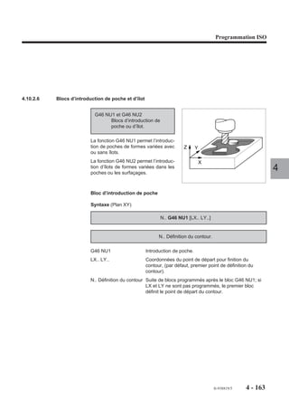 4
Programmation ISO




                                                                                                                                                                                                                                                                                                                               4 - 153
                                                                                  Les poches rectangulaire, circulaire, oblongue sont exécutées avec un seul outil.




                                                                                                                                                                                                                                                                                                             40
                                                                                                                                                                                                                                                                   10    10                                  30
                                                                                                                                                                      La poche carrée est exécutée avec 2 outils (outil d’ébauche + finition).




                                                                                                                                                                                                                                                                    ,,,,,,,
                                                                                                                                                                                                                                                                 ,,,,,,,,,,,,,,,,
                                                                                                                                                                                                                                                                 ,,,,,,,,,,,,,,,,




                                                                                                                                                                                                                                                                                                                                 fr-938819/5
                                                                                                                                                                                                                                                                 ,,,,,,,,,,,,,,,,
                                                                                                                                                                                                                                                                 ,,,,,,,,,,,,,,,,
                    Exécution d’un enchaînement de poches dans le plan XY (G17)




                                                                                                                                                                                                                                                                 ,,,,,,,,,,,,,,,,
                                                                                                                                                                                                                                                                 ,,,,,,,,,,,,,,,,



                                                                                                                                                                                                                                                                                                R 10
                                                                                                                                                                                                                                                                 ,,,,,,,,,,,,,,,,
                                                                                                                                                                                                                                                             d




                                                                                                                                                                                                                                                                                                           d
                                                                                                                                                                                                                                                                 ,,,,,,,,,,,,,,,,
                                                                                                                                                                                                                                                      30




                                                                                                                                                                                                                                                                 ,,,,,,,,,,,,,,,,




                                                                                                                                                                                                                                                                                                   R 3,8
                                                                                                                                                                                                                                                                 ,,,,,,,,,,,,,,,,
                                                                                                                                                                                                                                                                 ,,,,,,,,,,,,,,,,
                                                                                                                                                                                                                                                                 ,,,,,,,,,,,,,,,,




                                                                                                                                                                                                                                                                                                                          30
                                                                                                                                                                                                                                                                 ,,,,,,,,,,,,,,,,
                                                                                                                                                                                                                                                                 ,,,,,,,,,,,,,,,,
                                                                                                                                                                                                                                                             a




                                                                                                                                                                                                                                                                                                           b a
                                                                                                                                                                                                                                                                 ,,,,,,,,,,,,,,,,


                                                                                                                                                                                                                                                                                     100
                                                                                                                                                                                                                                                 90




                                                                                                                                                                                                                                                                 ,,,,,,,,,,,,,,,,
                                                                                                                                                                                                                                                      ø 21



                                                                                                                                                                                                                                                                   b
                                                                                                                                                                                                                                                                 ,,,,,,,,,,,,,,,,
                                                                                                                                                                                                                                                                 ,,,,,,,,,,,,,,,,
                                                                                                                                                                                                                                                                 ,,,,,,,,,,, , ,,
                                                                                                                                                                                                                                                                 ,,,,,,,,,,,,,,,,




                                                                                                                                                                                                                                                                                                                          25
                                                                                                                                                                                                                                                                 ,,,,,,,,,,,,,,,,




                                                                                                                                                                                                                                                                                           50
                                                                                                                                                                                                                                                                 ,,,,,,,,,,,,,,,,
                                                                                                                                                                                                                                                                 ,,,,,,,,,,,,,,,,

                                                                                                                                                                                                                                                             c




                                                                                                                                                                                                                                                                                                           c
                                                                                                                                                                                                                                                      19




                                                                                                                                                                                                                                                                                                   R 9,5
                                                                                                                                                                                                                                                                 ,,, , , , ,,,,,
                                                                                                                                                                                                                                                                 ,,,,,,,,,,,,,,,,
                                                                                                                                                                                                                                                                 ,,,,,,,,,,,,,,,,




                                                                                                                                                                                                                                                                                                                          20
                                                                                                                                                                                                                                                                 ,,,,,,,,,,,,,,,,




                                                                                                                                                                                                                                                                                                                      X
                                                                                                                                                                                                                                                                 ,,,,,,,,,,,,,,,,
                                                                                                                                                                                                                                                                  ,,,,,,,
                                                                                                                                                                                                                                                                                 ,




                                                                                                                                                                                                                                                                                                                  Y
                                                                                                                                                                                                                                                             Z




                                                                                                                                                                                                                                                                                                                      OP
                                                                                                                                                                                                                                                                        30                                   30
                                                                                                                                                                                                                                                                                                            50
 
