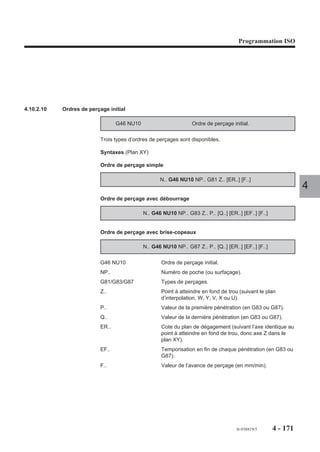 Programmation ISO




4.10.2.5   Bloc d’en-tête de définition géométrique

                                G46 NU0                   Bloc d’en-tête de définition géométrique.

                         Syntaxe (Plan XY)

                                     N.. G46 NU0 NP.. ED.. Q.. [J..] [NR±] [R03/R04] [LX.. LY..] [EX.. EY..]

                         G46 NU0                     En-tête de définition géométrique.
                         NP..                        Numéro de poche (ou de surfaçage).
                         ED..                        Diamètre de la fraise d’ébauche.                                 4
                         Q..                         Prise de passe latérale d’ébauche.
                         J..                         Surépaisseur latérale de finition (par défaut, pas de
                                                     surépaisseur).
                         NR±                         Type de travail (par défaut NR+) :
                                                     - NR+ : travail en concordance (Voir figure 1),
                                                     - NR- : travail en opposition (Voir figure 2).
                         R03/R04                     Sens de rotation outil (par défaut R03, sens
                                                     antitrigonométrique).
                         LX.. LY..                   Coordonnées du point de perçage et/ou de départ pour
                                                     l’ébauche, (par défaut, calcul du point par le logiciel).
                         EX.. EY..                   Coordonnées du point de fin du contour d’ébauche, (par
                                                     défaut, calcul du point par le logiciel).

                         Particularités

                         Surépaisseur J
                         L’argument J représente la surépaisseur minimum après ébauche, si cette
                         surépaisseur doit être constante sur tout le profil il faut faire suivre l’ébauche par une
                         semi-finition de valeur J identique.




                                                                                       fr-938819/5      4 - 161
 