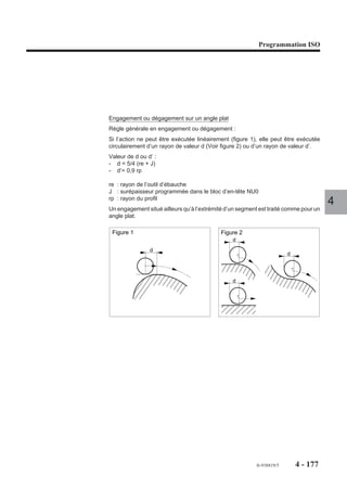 Programmation ISO




Particularités liées à NU3 et NU4
Les blocs G46 NU3 et G46 NU4 ne comprennent pas de point de départ pour finition
(LX LY) (le surfaçage et l’évidement ne comportent pas de finition de contour).
L’évidement G46 NU4 est une partie non usinée située en cours de surfaçage et dont
la définition des limites peut être assimilée à celle d’une poche.
Le bloc G46 NU4 doit être obligatoirement associé à la définition d’un des contours
suivants (sinon émission du message d'erreur 283) :
- poche G46 NU1,
- surfaçage G46 NU3,
- surface définie par une succession de profils ouverts G46 NU5, G46 NU6.
                                                                                      4




                                                          fr-938819/5    4 - 167
 