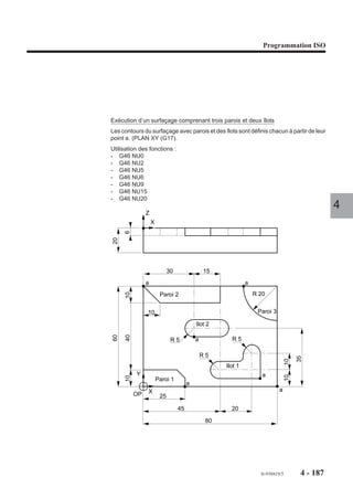 Programmation ISO




Engagement ou dégagement sur un angle plat
Règle générale en engagement ou dégagement :
Si l’action ne peut être exécutée linéairement (figure 1), elle peut être exécutée
circulairement d’un rayon de valeur d (Voir figure 2) ou d’un rayon de valeur d’.
Valeur de d ou d’ :
- d = 5/4 (re + J)
- d’= 0,9 rp

re : rayon de l’outil d’ébauche
J : surépaisseur programmée dans le bloc d’en-tête NU0
rp : rayon du profil
                                                                                      4
Un engagement situé ailleurs qu’à l’extrémité d’un segment est traité comme pour un
angle plat.

 Figure 1                                   Figure 2
                                                d
                d
                                                                        d
                                             , ,, ,         , , , , ,
                                          ,,,,,,,,,,,,,, ,,,,,,,,,,,,,,,,,,,,,
                                            ,, ,, ,,,,,,, ,, ,,,,,,, ,, ,,,,,,
          ,, ,, ,, ,                      ,,,,,,,,,,,,,, ,,,,,,,,,,,,,,,,,,,,,
       ,,,,,,,,,,,,,,,,,,,,,,
         ,, ,,,,,,,,,,, ,,,, ,             ,,,,,,,,,,,,,, ,,,,,,,,,,,,,,,,,,,,,
        ,, ,, , ,, , , ,, , ,,              , ,d ,
          ,           , ,                                 ,,,,,,,,,,,,,,,,,,,,,
       ,,,,,,,,,,,,,,,,,,,,,,                              ,, ,, , , ,, ,, ,
         ,, ,,,,,,,,,,, ,,,, ,
       ,, ,, , ,, , , ,, , ,                             ,,,,,,,,,,,,,,,,,,,,,
                                                           ,, ,, ,,,,,,, ,, ,,,
          , , ,, ,,                                       , , , , , ,
                                         ,,,,,,
                                         ,,,,,,
                                         ,,,,,,
                                         ,,,,,,
                                         ,,,,,,
                                         ,,,,,,
                                          ,, ,
                                           ,,,
                                               ,




                                                          fr-938819/5       4 - 177
 