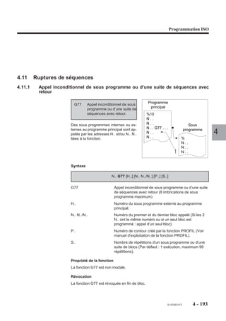 Programmation ISO




Exécution d’un surfaçage comprenant, un évidement et un îlot
Les limites du surfaçage, de l’évidement et le contour de l’îlot sont définis chacun à
partir de leur point a. Plan XY (G17). La pièce est préformée d’origine.
Utilisation des fonctions :
- G46 NU0
- G46 NU2
- G46 NU3
- G46 NU4
- G46 NU15
- G46 NU20

                                                                    Z                             4
                                                                               X




                                                   ,,,,,,,,,,,,,,
                                                   ,,,,,,,,,,,,,,
                                                   ,,,,,,,,,,,,,,
                                                   ,,,,,,,,,,,,,,
                                                   ,,,,,,,,,,,,,,

                                                                        ,,,,,,,,,,,,,,
                                                                         ,,,,,,,, ,,,,
                                                                        ,, , , , , , ,
                                                                        ,,,,,,,,,,,,,,
                                                     ,,,,,,




                                                                                         5
             ,,,,,,,,,,,,
             ,,,,,,,,,,,,
             ,,,,,,,,,,,,
             ,,,,,,,,,,,,
             , , , , , ,,
              ,,,,,




                                                                                 ,



                                                                                             40
                       R 20      Surfaçage          R 20                R 10

                                                           Ilot
                              R5x4
90




                        a                                           Y
     40




                                Evidement                                   OP a
                                              10




                                                                            X
                    R 20                                ø 40
                                                                        a          ø 60
                                      90                     40
                                       160




                                                              fr-938819/5          4 - 185
 