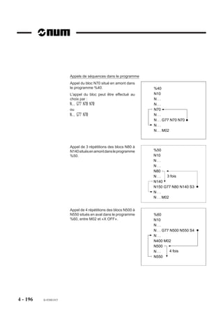 %500
                        N10 G0 G52 Z..
                        N20 G52 X.. Y.. M05 M09

                        $0 EN-TETE DE DEFINITION GEOMETRIQUE
                        N100 G46 NU0 NP1 ED8 Q5 J0.2 NR+ R03

                        N150 G46 NU5 (DEFINITION LIMITES SURFACAGE)
                        N160 G01 X80 Y0 (DEPART SURFACAGE)
                        N170 X25

                        N200   G46 NU6 (DEFINITION PAROI 1)
                        N210   X25 Y0 (DEPART PAROI 1)
                        N220   Y10 EB-5
                        N230   X0

                        N250 G46 NU5 (DEFINITION LIMITES SURFACAGE)
                        N260 X0 Y10 (DEBUT DEUXIEME PARTIE SURFACAGE)
                        N270 Y60

                        N300   G46 NU6 (DEFINITION PAROI 2)
                        N310   X0 Y60 (DEPART PAROI 2)
                        N320   X10 Y50
                        N330   X45
                        N340   Y60

                        N350 G46 NU5 (DEFINITION LIMITES SURFACAGE)
                        N360 X45 Y60 (DEBUT TROISIEME PARTIE SURFACAGE)
                        N370 X60

                        N400 G46 NU6 (DEFINITION PAROI 3)
                        N410 X60 Y60 (DEPART PAROI 3)
                        N420 G03 X80 Y40 I80 J60

                        N450 G46 NU5 (DEFINITION LIMITES SURFACAGE)
                        N460 G01 X80 Y40 (DEBUT QUATRIEME PARTIE SURFACAGE)
                        N470 Y0




4 - 188   fr-938819/5
 