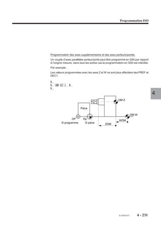 Programmation ISO




4.11.10   Restrictions dues au mode passant
                       Le mode passant permet le contrôle d’un                          Ordinateur + disquette
                       programme ou l’usinage d’une pièce en
                       même temps que le programme est lu
                       sur un lecteur ou transmis par calcula-
                                                                                               CN Mode passant
                       teur (DNC1).
                       Le mode passant est utilisé pour l’exécu-
                       tion des programmes importants ne pou-
                       vant être mémorisés par la CN (Pour la       Lecteur + bande
                       procédure, voir manuel opérateur).

                                                                                  Usinage
                                                                                                                 4

                       Particularités
                       L’utilisation du mode passant entraîne une réservation mémoire dans une zone
                       tampon de 32000 caractères.
                       Lorsque la zone disponible est inférieure à cette valeur, mais supérieure à 1 Ko, le
                       système s’approprie toute la zone restante.
                       Si la zone disponible est inférieure à 1 Ko, le mode passant est refusé et le système
                       émet le message d'erreur 36.

                       Restrictions dues au mode passant
                       L’utilisation de toutes les fonctions faisant référence aux numéros de blocs situés en
                       cours du programme est impossible :
                       - saut à une séquence (G79 N..),
                       - interruption de séquence (G10 N..),
                       - appel de séquences dans le programme principal (G77 N.. N..),
                       - validation de sous programme de dégagement d’urgence (G75 N..).
                       En mode passant, les appels de sous programmes en mémoire sont autorisés (G77
                       H.. ou G77 H.. N.. N..).




                                                                                      fr-938819/5      4 - 221
 