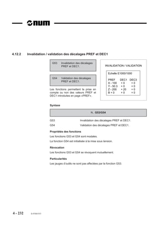 4.11.11   Appel du bloc de retour d'un sous programme

                                G77 -i             Appel du bloc de retour d'un sous programme.

                          Cette fonction permet à un sous programme d'appeler puis d'exécuter les instructions
                          du bloc de retour du sous programme appelant.

                          Syntaxe

                                                               N.. G77 - i

                          G77                       Appel du bloc de retour d'un sous programme.
                          -i                        Valeur immédiate (ou variable) donnant le niveau
                                                    d'imbrication du programme dans lequel se trouve le
                                                    bloc appelé par rapport au niveau d'imbrication dans
                                                    lequel est programmé G77 -i (le bloc de retour ainsi
                                                    appelé est automatiquement post-incrémenté).

                          Propriétés de la fonction
                          La fonction G77 -i est non modale.

                          Révocation
                          La fonction G77-i est révoquée en fin de bloc.

                          Particularités
                          Si le bloc appelé se trouve dans le programme «visualisable», il est visualisé en page
                          programme (PROG), même si le sous programme appelant ne l'est pas.
                          On notera :
                          - que si le niveau d'imbrication demandé n'est pas accessible, le système émet le
                            message d'erreur 26,
                          - que les blocs appelés par G77 -i ne doivent pas comporter de sauts ou d'autres
                            appels (G79, G77, etc...) sinon le système émet le message d'erreur 26.




4 - 222     fr-938819/5
 