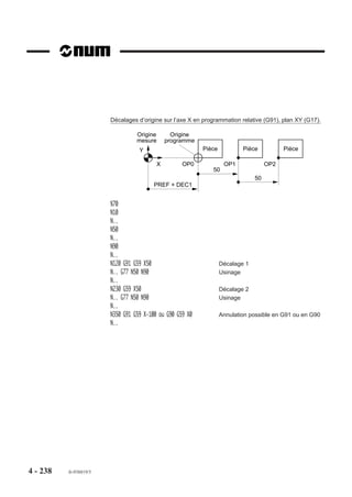4.11.12.5   Suppression d'un bloc

                          Syntaxe

                                                     N.. G76- [H..] N..[+nombre]

                          G76-                     Fonction de suppression de bloc.
                          H..                      Désignation du numéro de programme dans lequel le
                                                   bloc est à supprimer (facultatif : par défaut de H.., le
                                                   bloc ISO sera supprimé dans le programme comportant
                                                   la fonction G76).
                          N.. +nombre              N.. : Numéro de bloc pointé (obligatoire). Suppression
                                                   de ce bloc sauf si +nombre est programmé (nota : le
                                                   premier bloc d'un programme %.. est le bloc N0).
                                                   +nombre : (facultatif) défini la position de la ligne à
                                                   supprimer (à partir du numéro de bloc pointé).

                          Particularités
                          Si le bloc à supprimer est inexistant, le système émet le message d'erreur 25.

                          Exemple
                          Suppression d'un bloc dans un programme %567 situé en zone programme en RAM
                          (zone 0).


                          %222
                          N.. ...
                          N90 ...
                          N100 G76- H567 N200 +4
                          N110 ...
                          ...


                          %567
                          N.. ...
                          N.. ...
                          N200 ...
                          N210 ...
                                        N200 +4
                          N220 ...
                          N230 ...      Suppression du bloc
                          N240 ...
                          ...




4 - 228     fr-938819/5
 