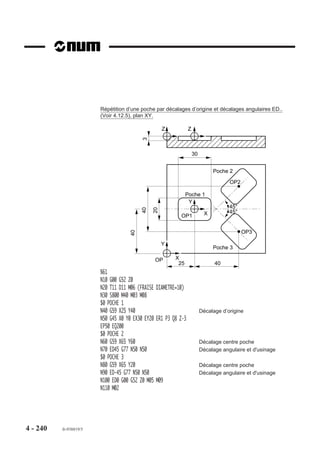 Particularités
                        La programmation de la fonction G52 dans un bloc suspend les données suivantes :
                        - jauges d’outils,
                        - PREF,
                        - DEC1,
                        - DEC3,
                        - décalage d’origine programmé (G59),
                        - décalage angulaire (ED..),
                        - facteur d’échelle (G74).
                        La fonction G52 doit :
                        - précéder la programmation des axes dans le bloc,
                        - être programmée le système dans l’état G40 (annulation de correction de rayon),
                           sinon le système émet le message d'erreur 27,
                        - être programmée en absolu (G90).

                        Exemples

                        Programmation de G52 au zéro mesure sur l’axe Z avant un changement d’outil
                        %10
                        N10 G00 G52 Z0
                        N20 T03 D03 M06
                        N..                                                        Z




                                                                                              Zéro
                                                                                              broche
                                                                              Z


                                                                       Zéro mesure


                        Programmation de G52 sur les axes Z, B , X, Y :
                        -   à -50mm du zéro mesure sur l’axe Z,
                        -   à 180° du zéro mesure sur l’axe B,
                        -   à -100 mm du zéro mesure sur les axes X et Y.

                        N.. ...
                        N220 G00 G52 Z-50
                        N230 G52 X-100 Y-100 B180
                        N..




4 - 230   fr-938819/5
 